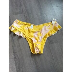 Aerie Real Good Yellow Tie Dye Ruffle Cheekiest Bikini Bottom US L